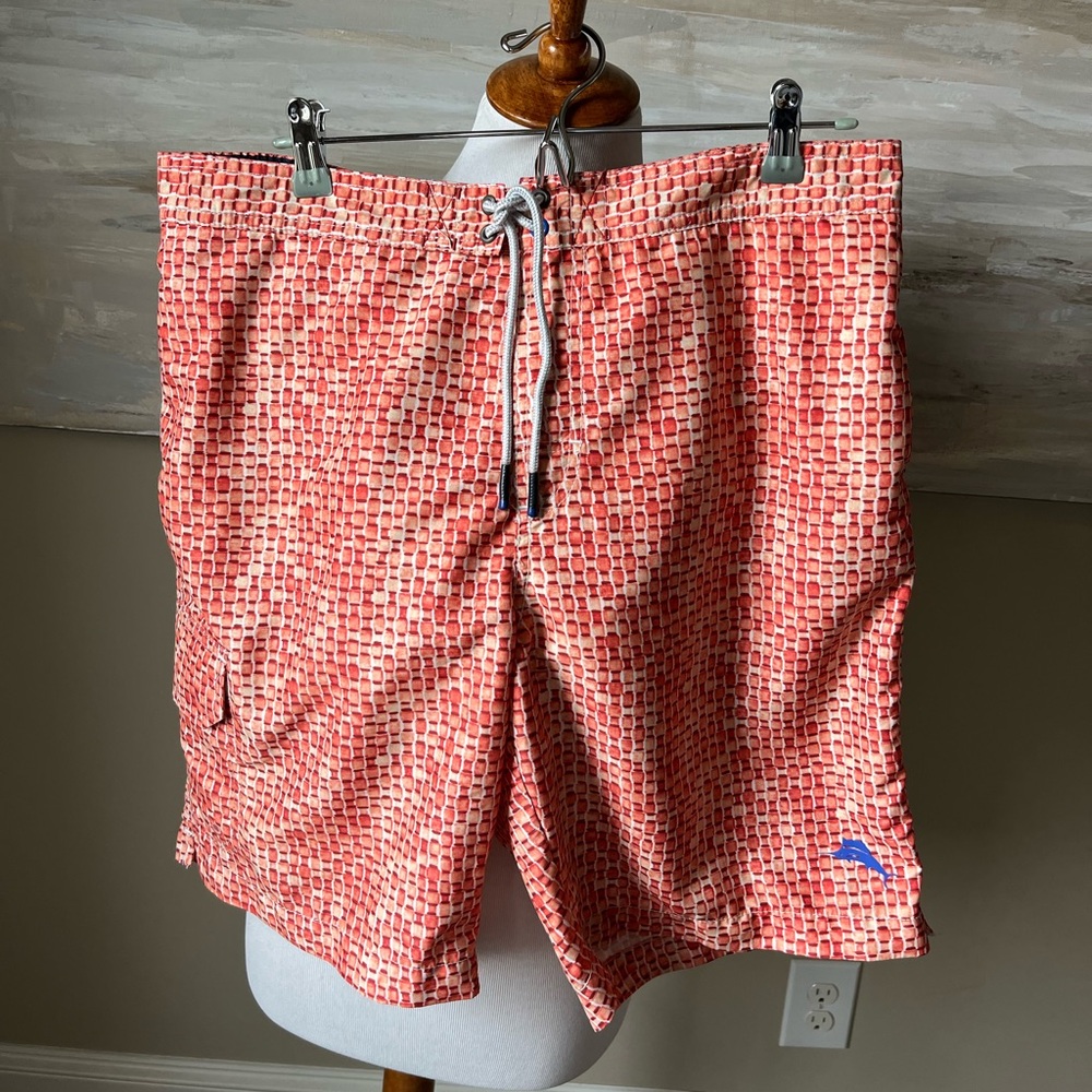 Tommy Bahama orange abstract brick print swim trunks